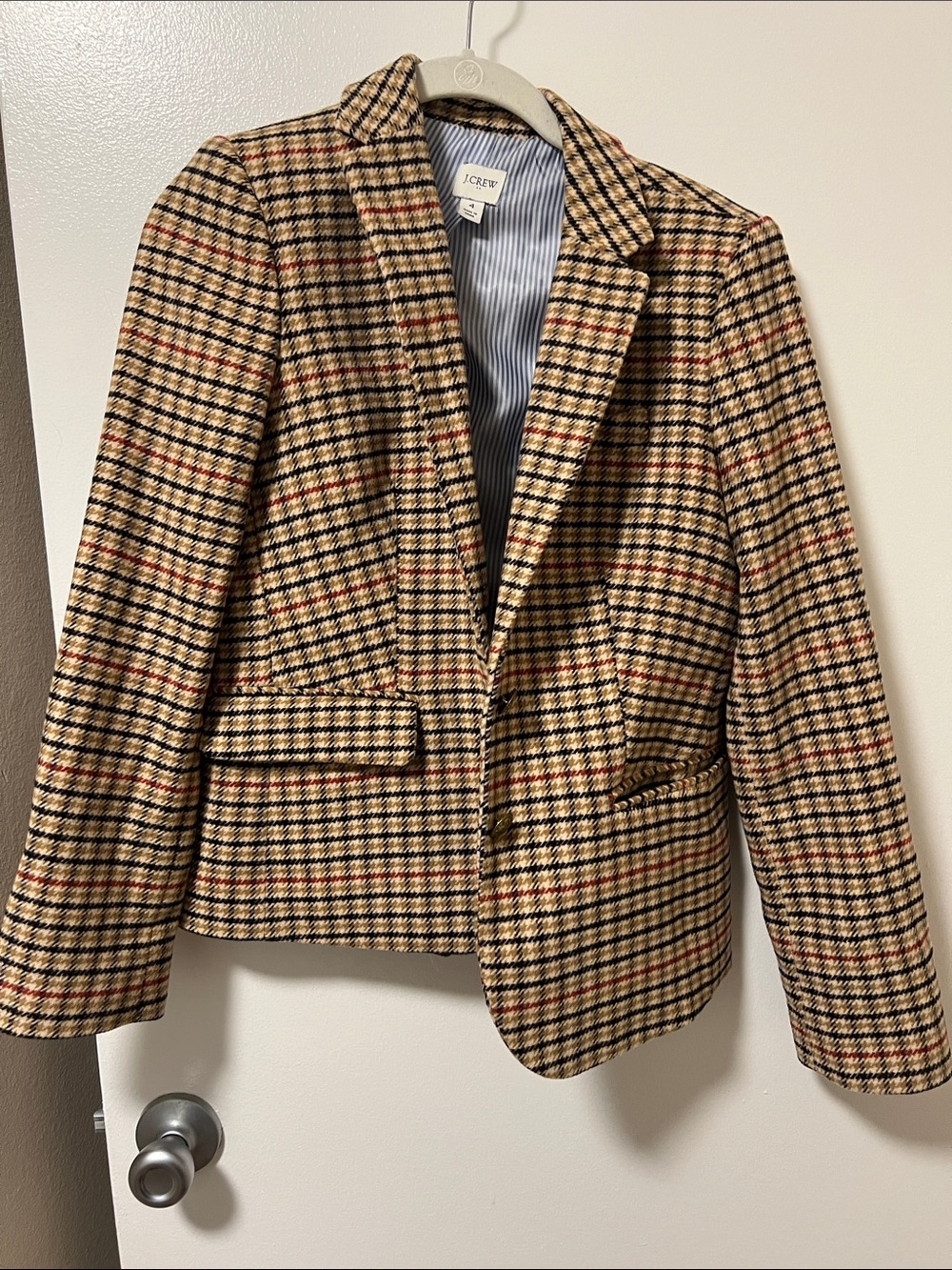 J. Crew Plaid Wool-Blend Blazer in Tan, Black & Red